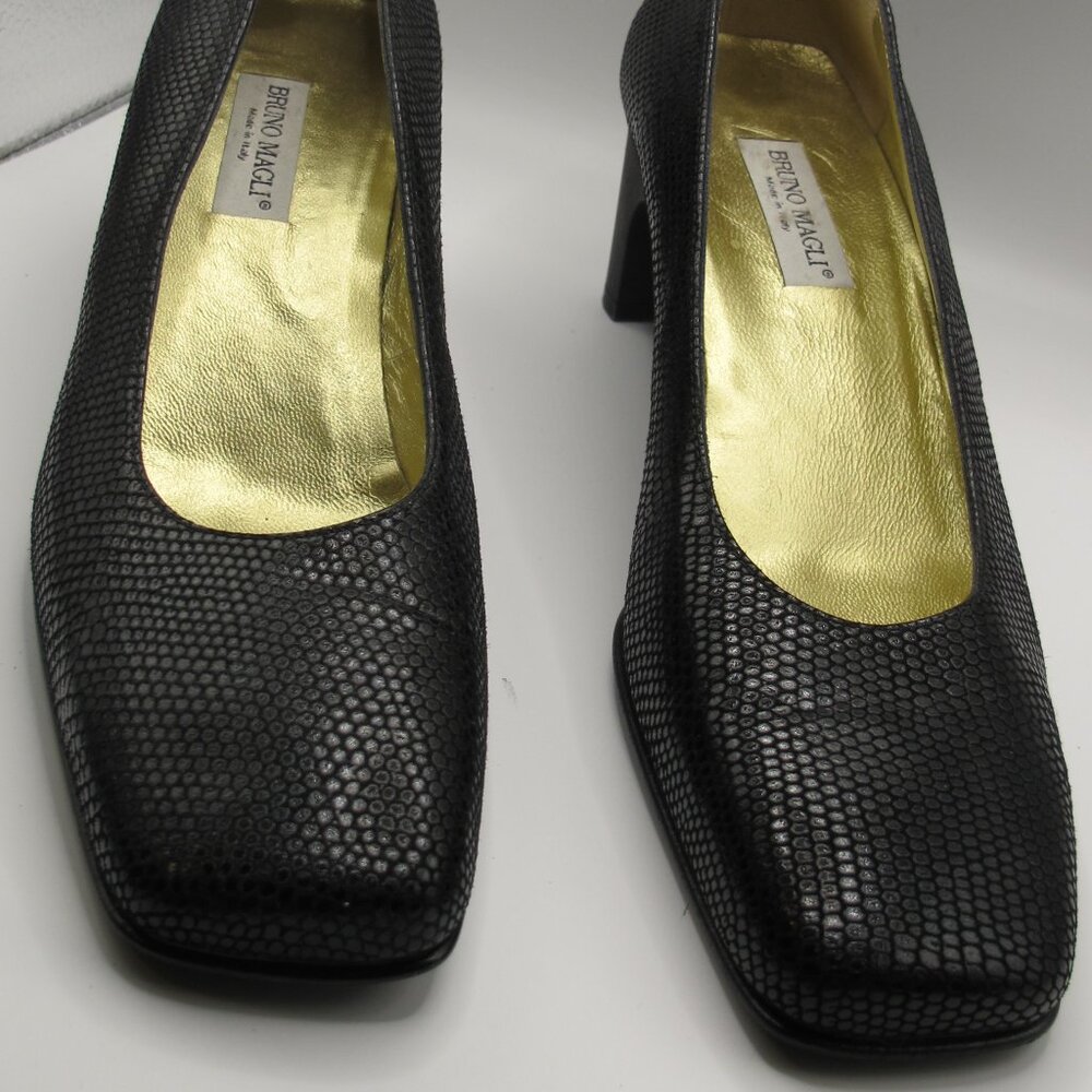Bruno Magli Black Leather Crocodile or Lizard Heel in 8.5AA